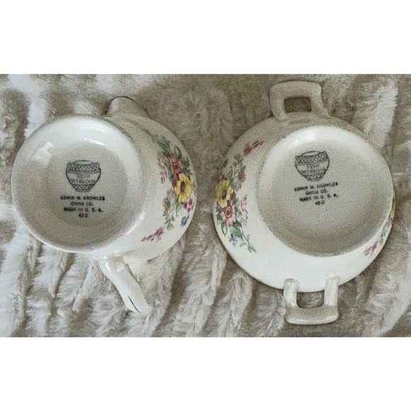 Edwin M. Knowles Vintage Sugar Bowl & Creamer Cheery Bright Daisy Like Flowers - Picture 6 of 16